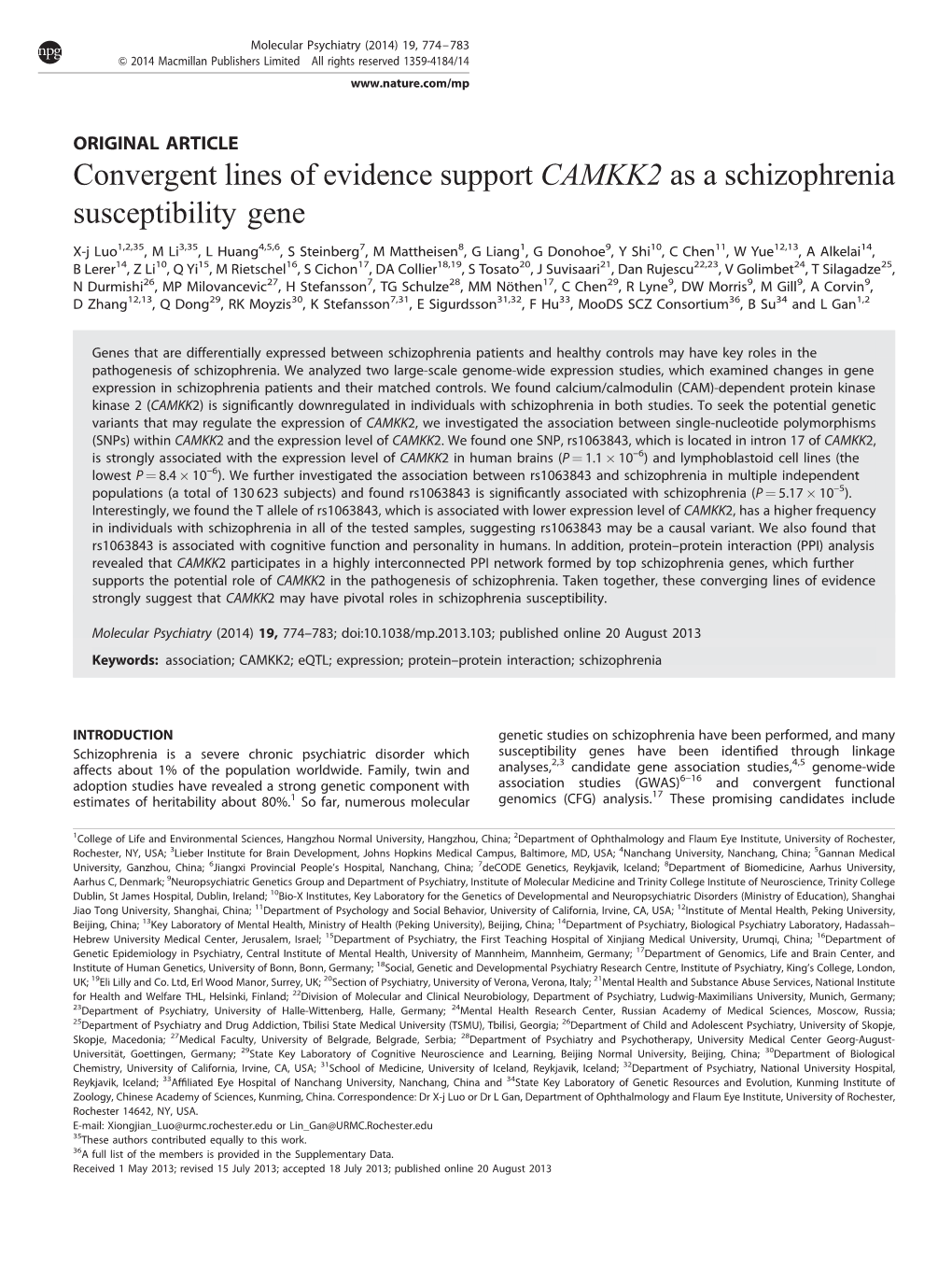 Convergent Lines of Evidence Support CAMKK2 As a Schizophrenia Susceptibility Gene