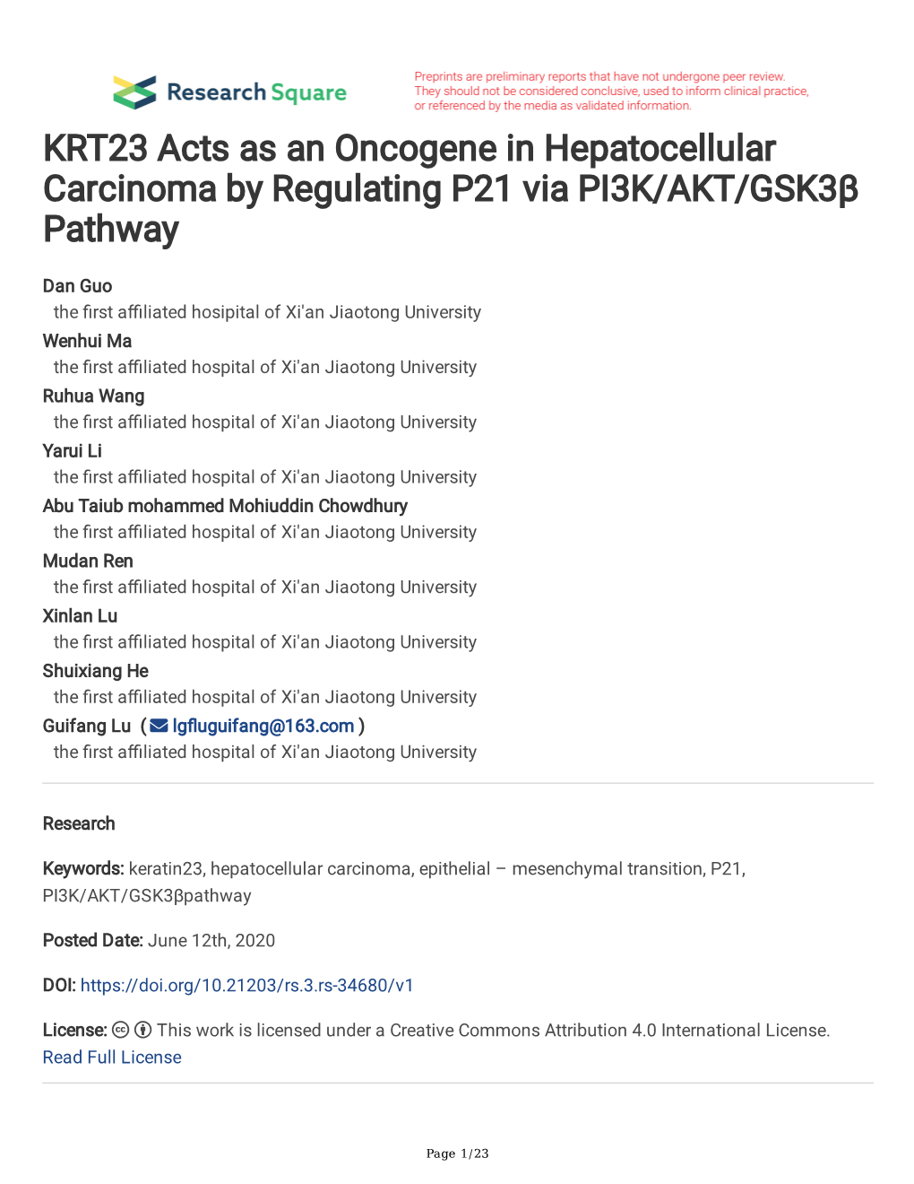 KRT23 Acts As an Oncogene in Hepatocellular Carcinoma by Regulating P21 Via PI3K/AKT/Gsk3β Pathway