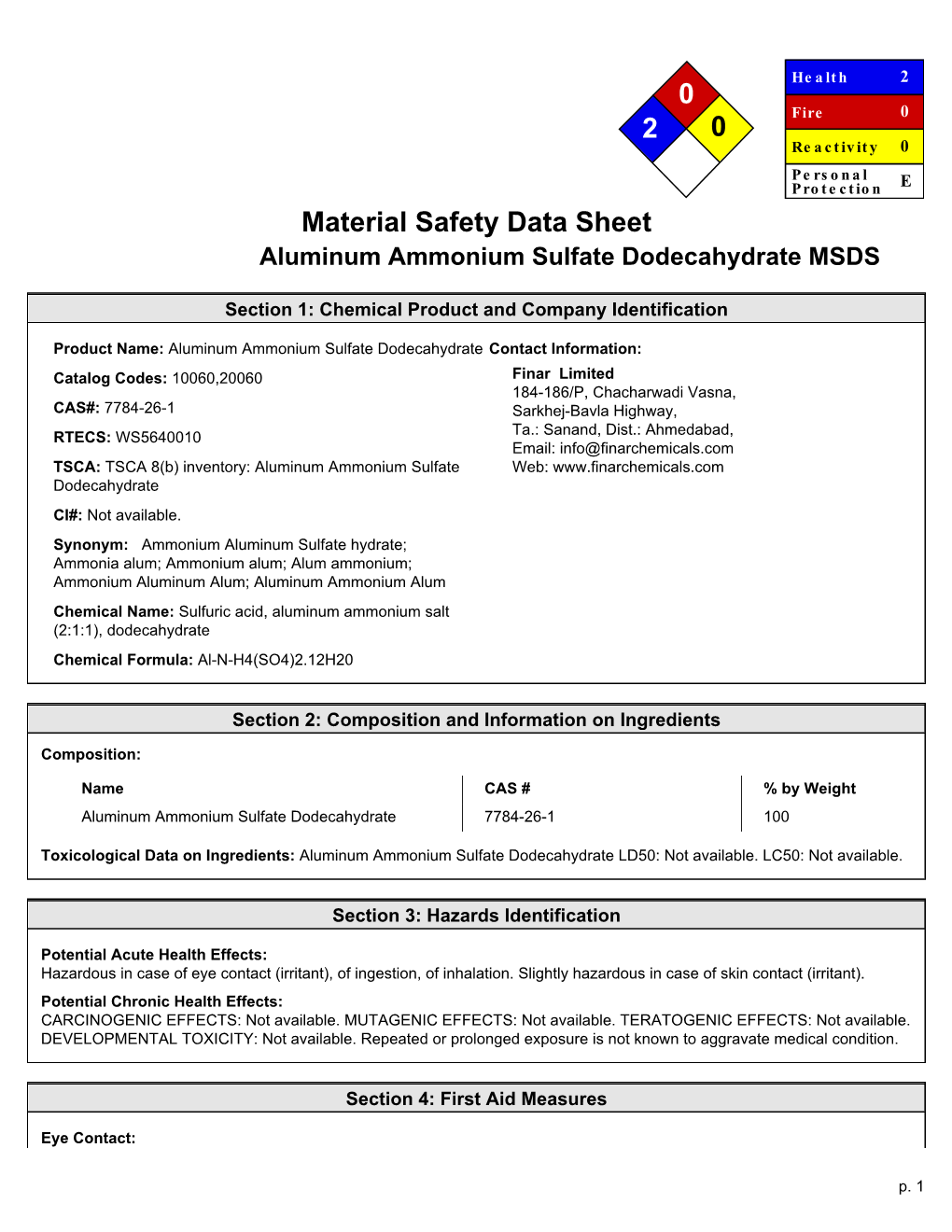 Material Safety Data Sheet Aluminum Ammonium Sulfate Dodecahydrate MSDS