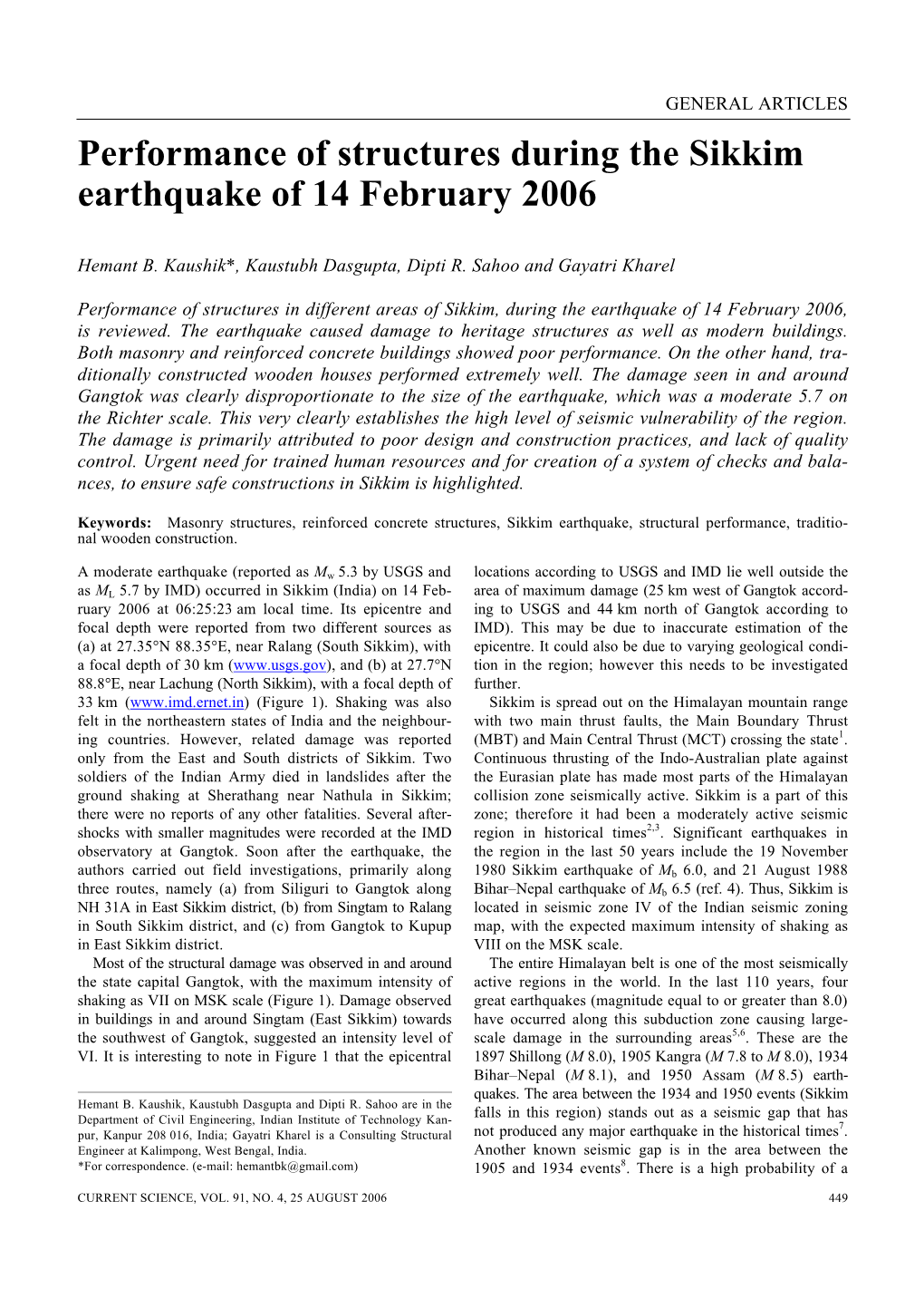 Performance of Structures During the Sikkim Earthquake of 14 February 2006