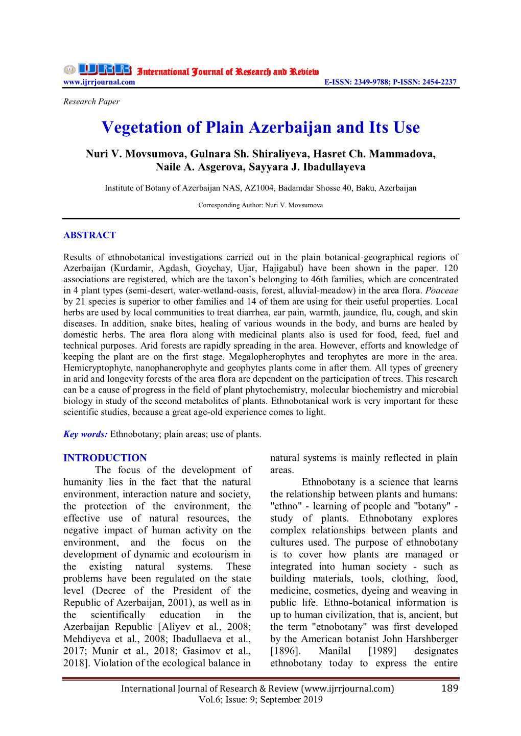 Vegetation of Plain Azerbaijan and Its Use