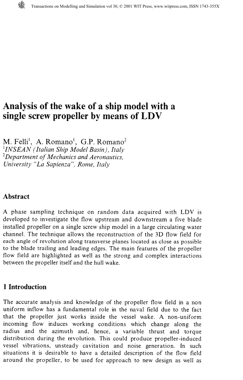 Analysis of the Wake of a Ship Model with a Single Screw Propeller by Means of LDV