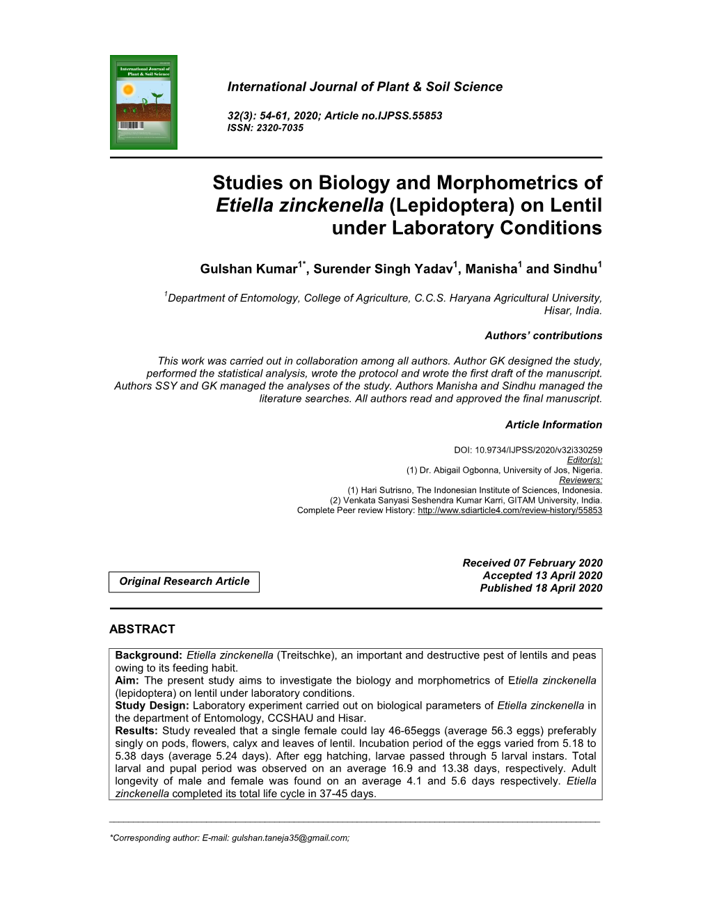 Studies on Biology and Morphometrics of Etiella Zinckenella (Lepidoptera) on Lentil Under Laboratory Conditions