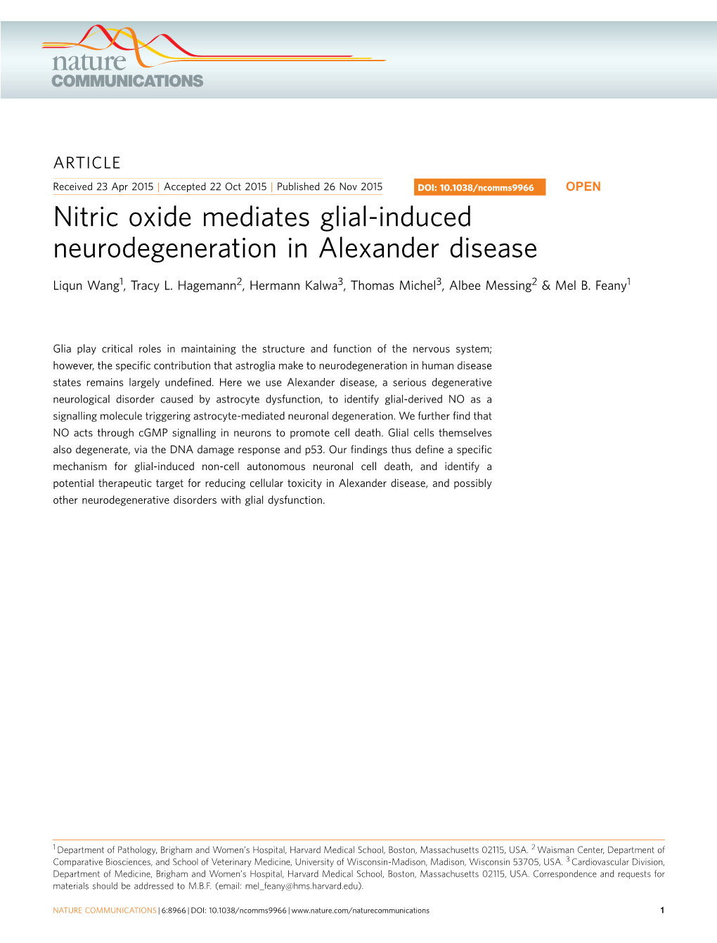 Nitric Oxide Mediates Glial-Induced Neurodegeneration in Alexander Disease