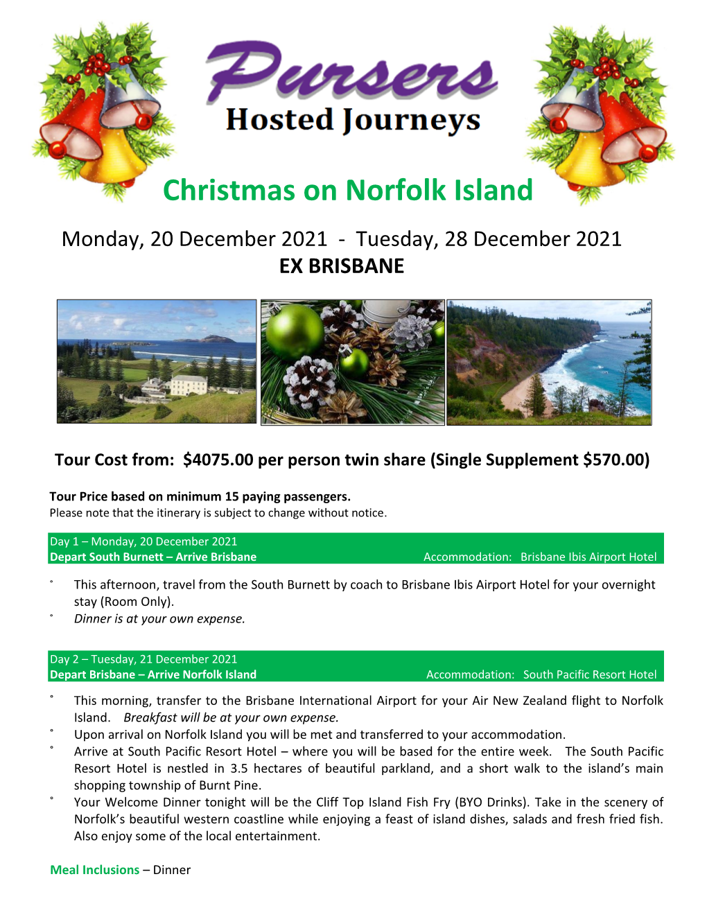 Christmas on Norfolk Island Tour December 2021 Itinerary