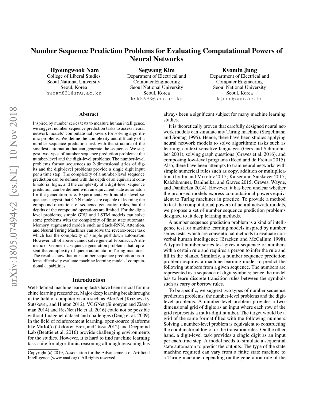 Arxiv:1805.07494V2 [Cs.NE] 10 Nov 2018 Such As Carry Or Borrow Rules