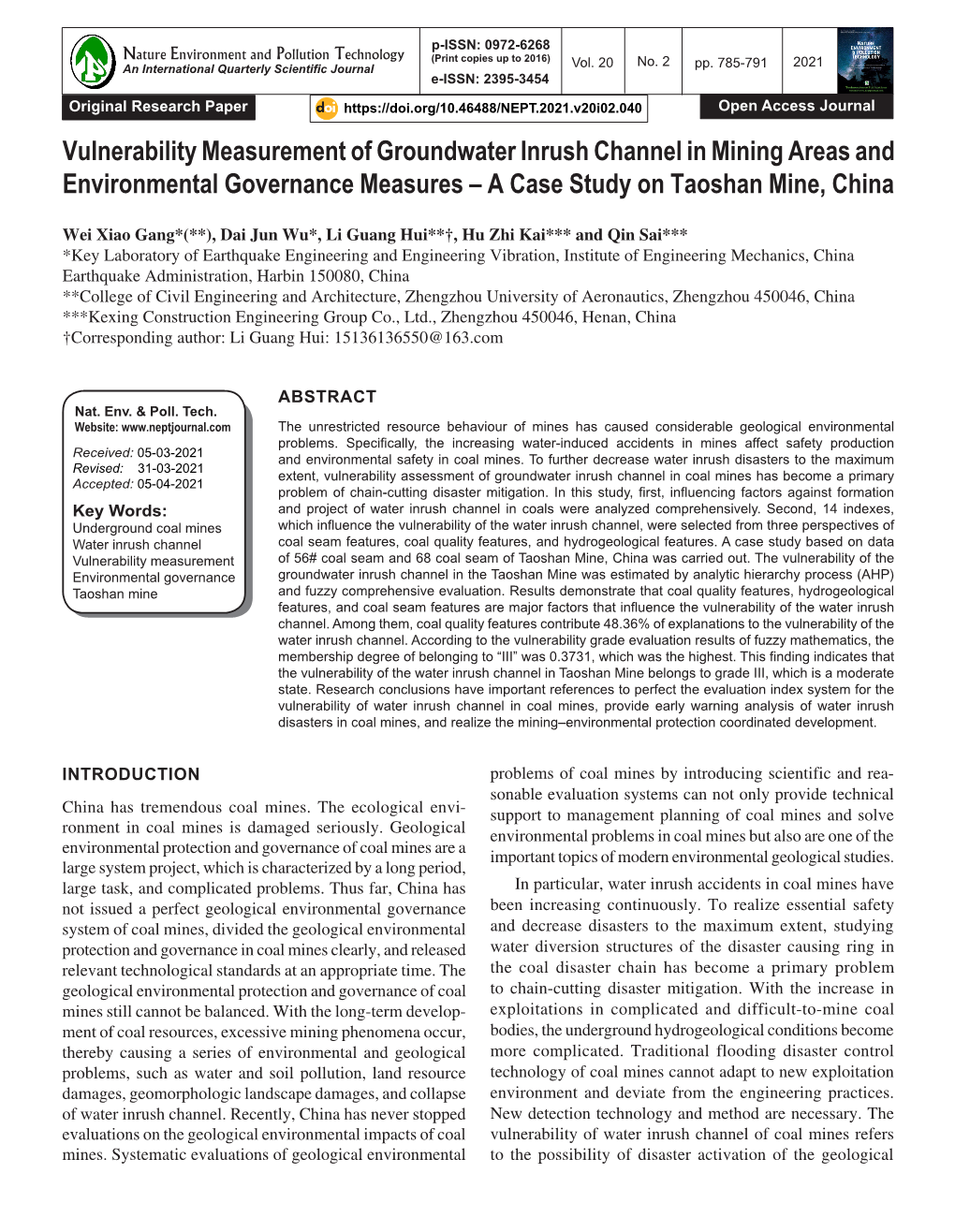 Vulnerability Measurement of Groundwater Inrush Channel in Mining Areas and Environmental Governance Measures – a Case Study on Taoshan Mine, China