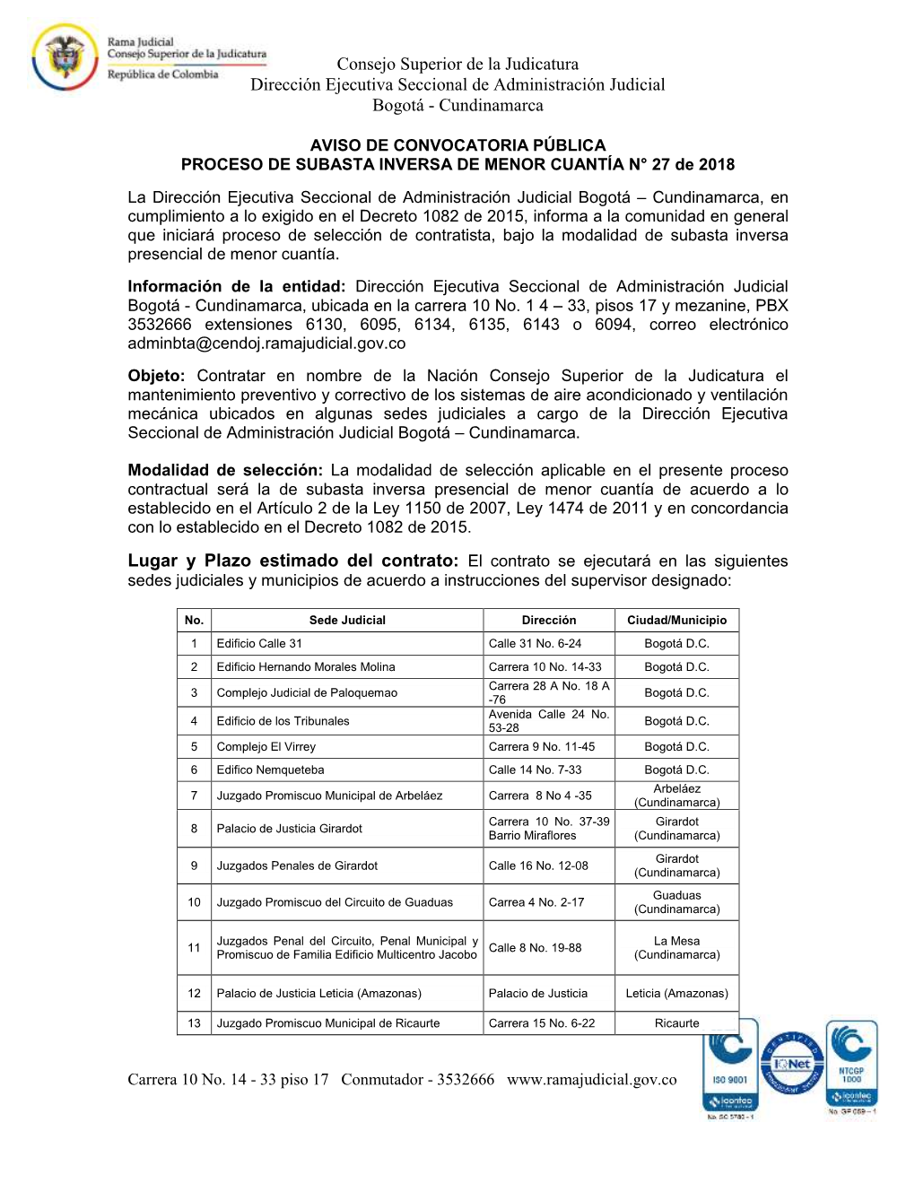 Consejo Superior De La Judicatura Dirección Ejecutiva Seccional De Administración Judicial Bogotá - Cundinamarca