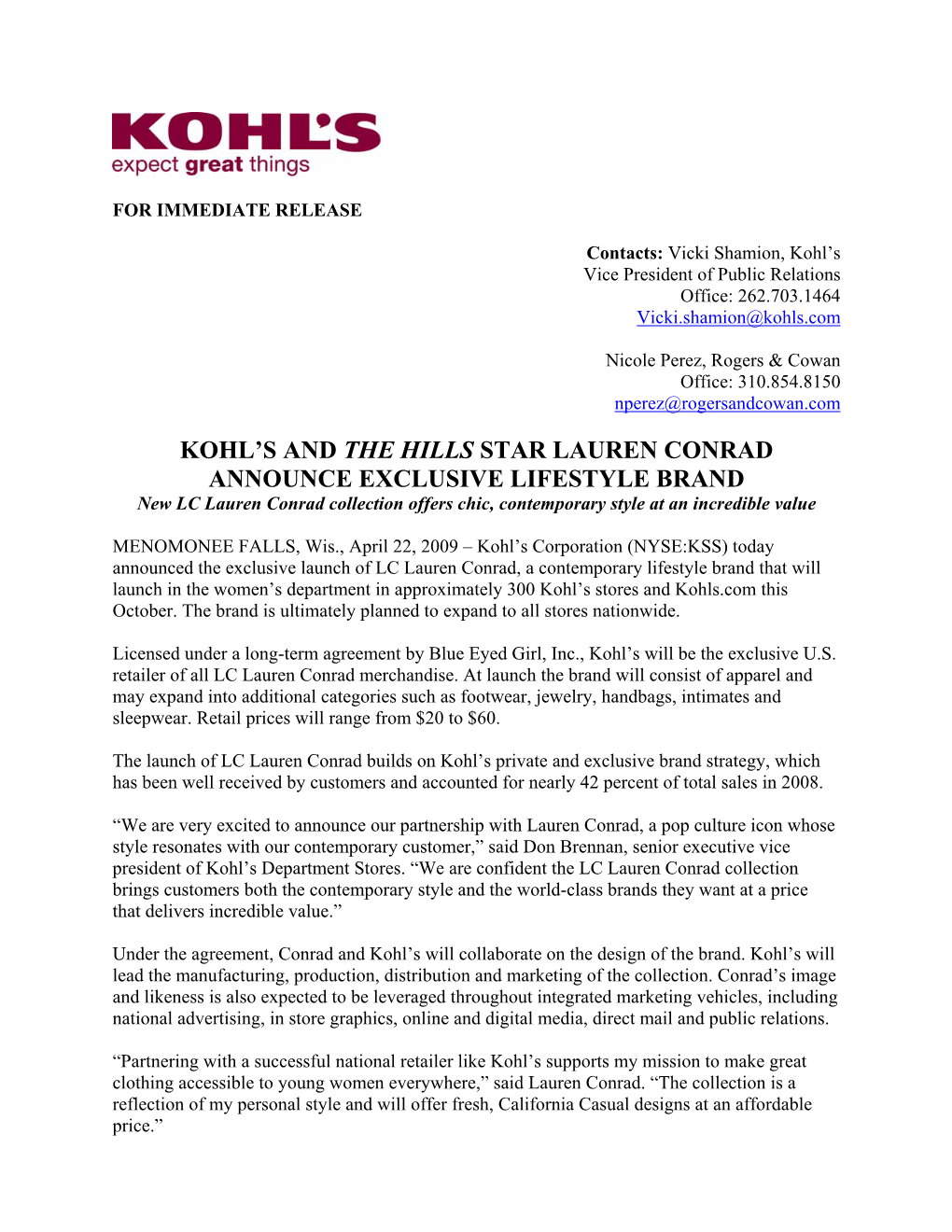 Kohl's and the Hills Star Lauren Conrad Announce Exclusive