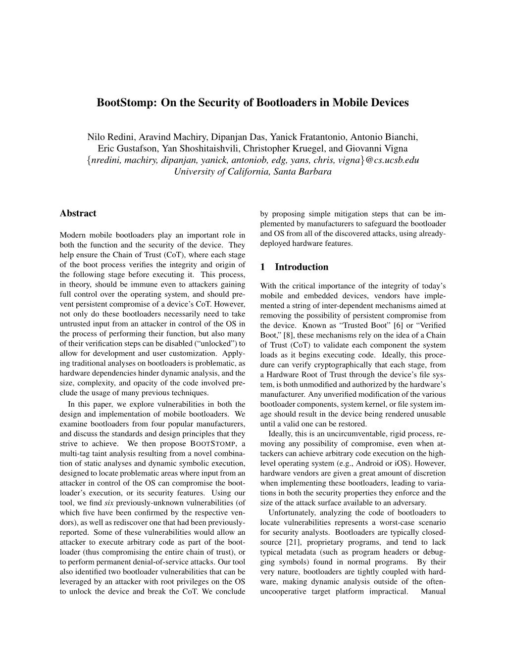 Bootstomp: on the Security of Bootloaders in Mobile Devices