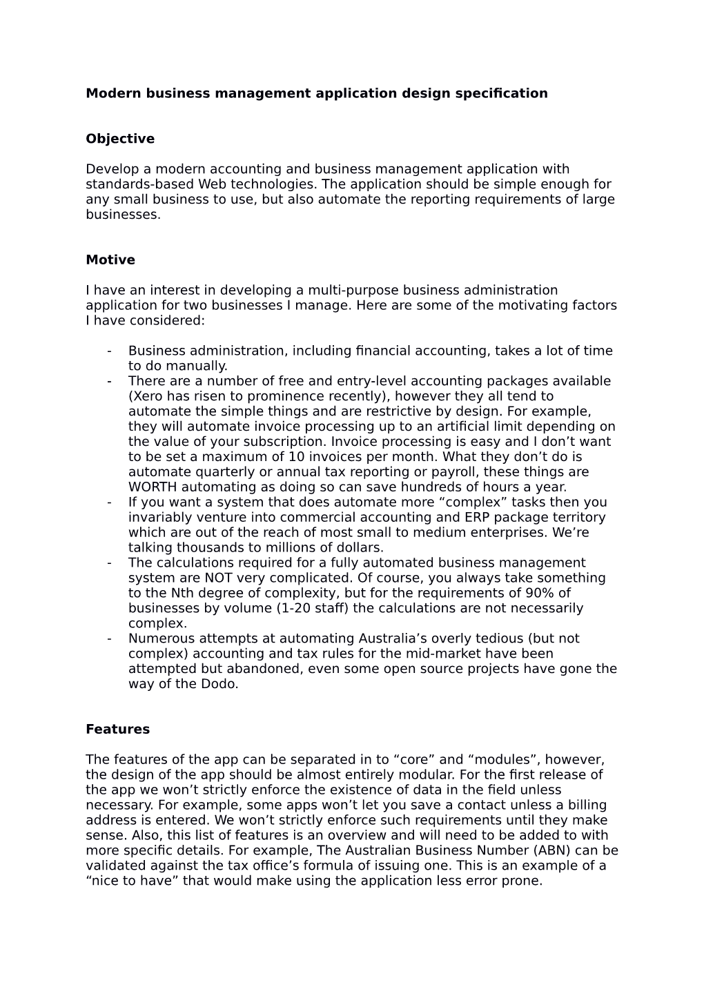 Modern Business Management Application Design Specification