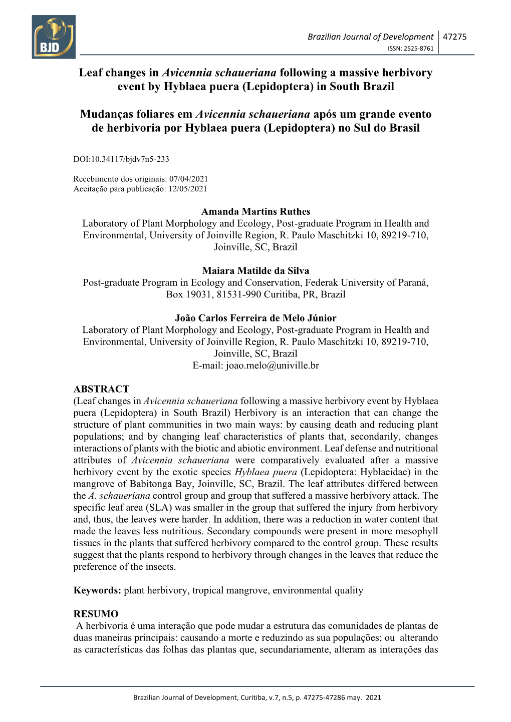 Leaf Changes in Avicennia Schaueriana Following a Massive Herbivory Event by Hyblaea Puera (Lepidoptera) in South Brazil