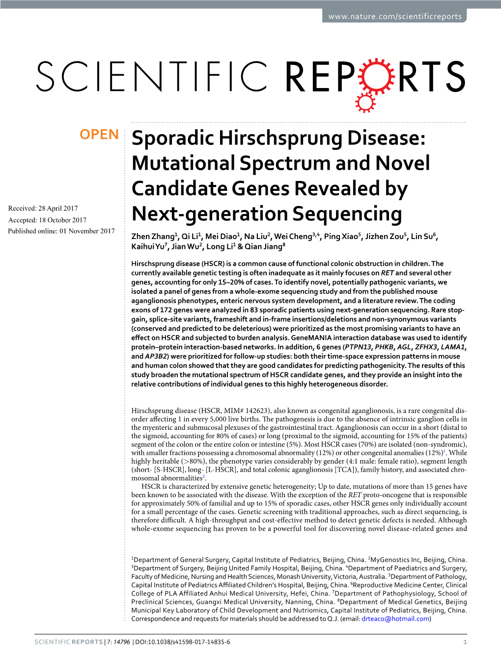 Sporadic Hirschsprung Disease: Mutational Spectrum and Novel