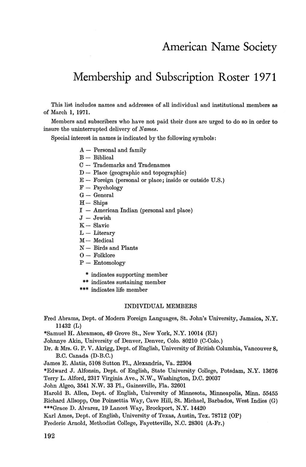 American Name Society Membership and Subscription Roster 1971