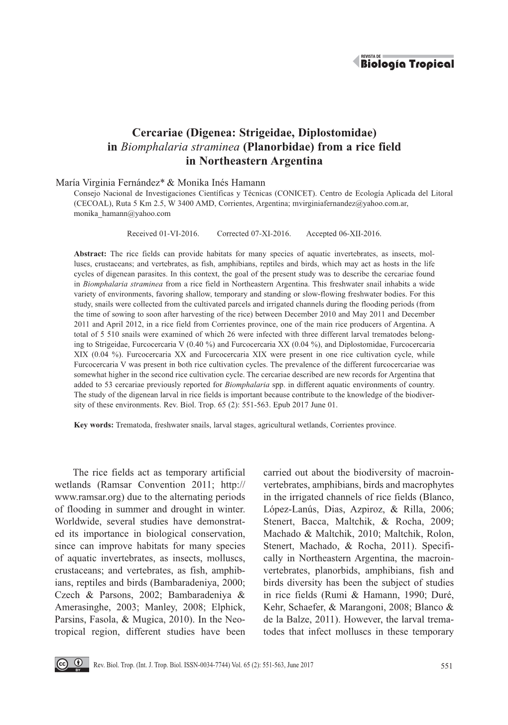 Digenea: Strigeidae, Diplostomidae) in Biomphalaria Straminea (Planorbidae) from a Rice Field in Northeastern Argentina