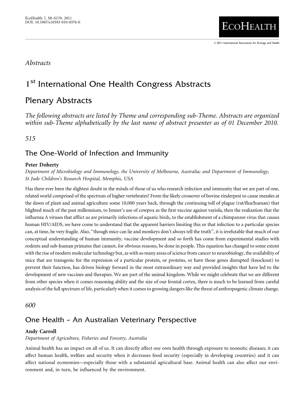 1 International One Health Congress Abstracts Plenary Abstracts