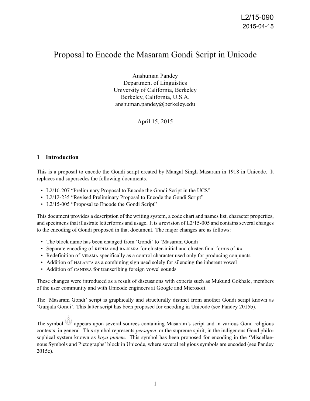 Proposal to Encode the Masaram Gondi Script in Unicode