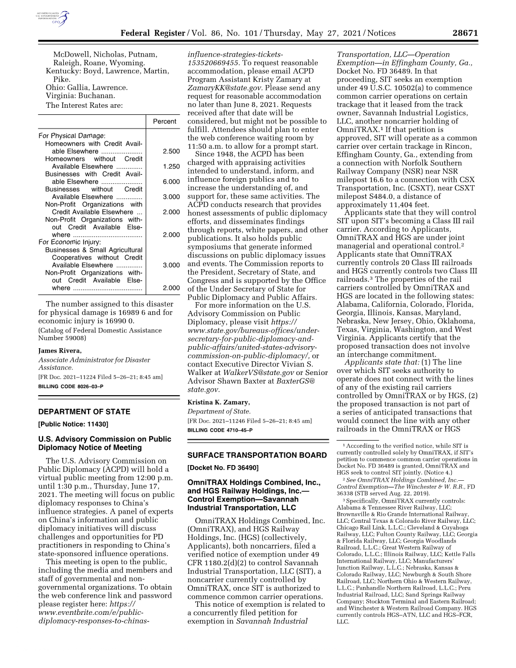 Federal Register/Vol. 86, No. 101/Thursday, May 27, 2021/Notices