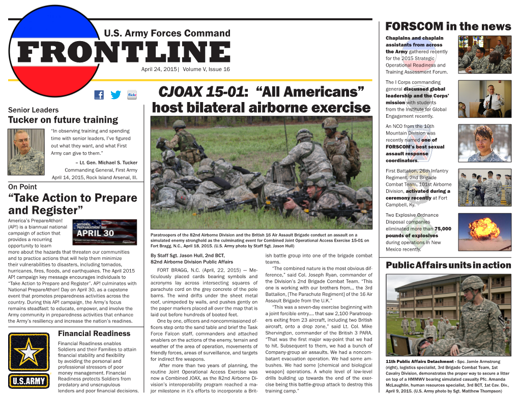 FRONTLINE Operational Readiness and April 24, 2015| Volume V, Issue 16 Training Assessment Forum