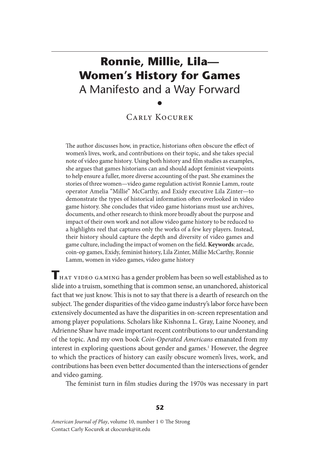 Ronnie, Millie, Lila— Women's History for Games a Manifesto And