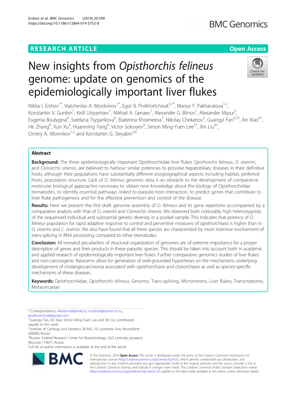 New Insights from Opisthorchis Felineus Genome: Update on Genomics of the Epidemiologically Important Liver Flukes Nikita I