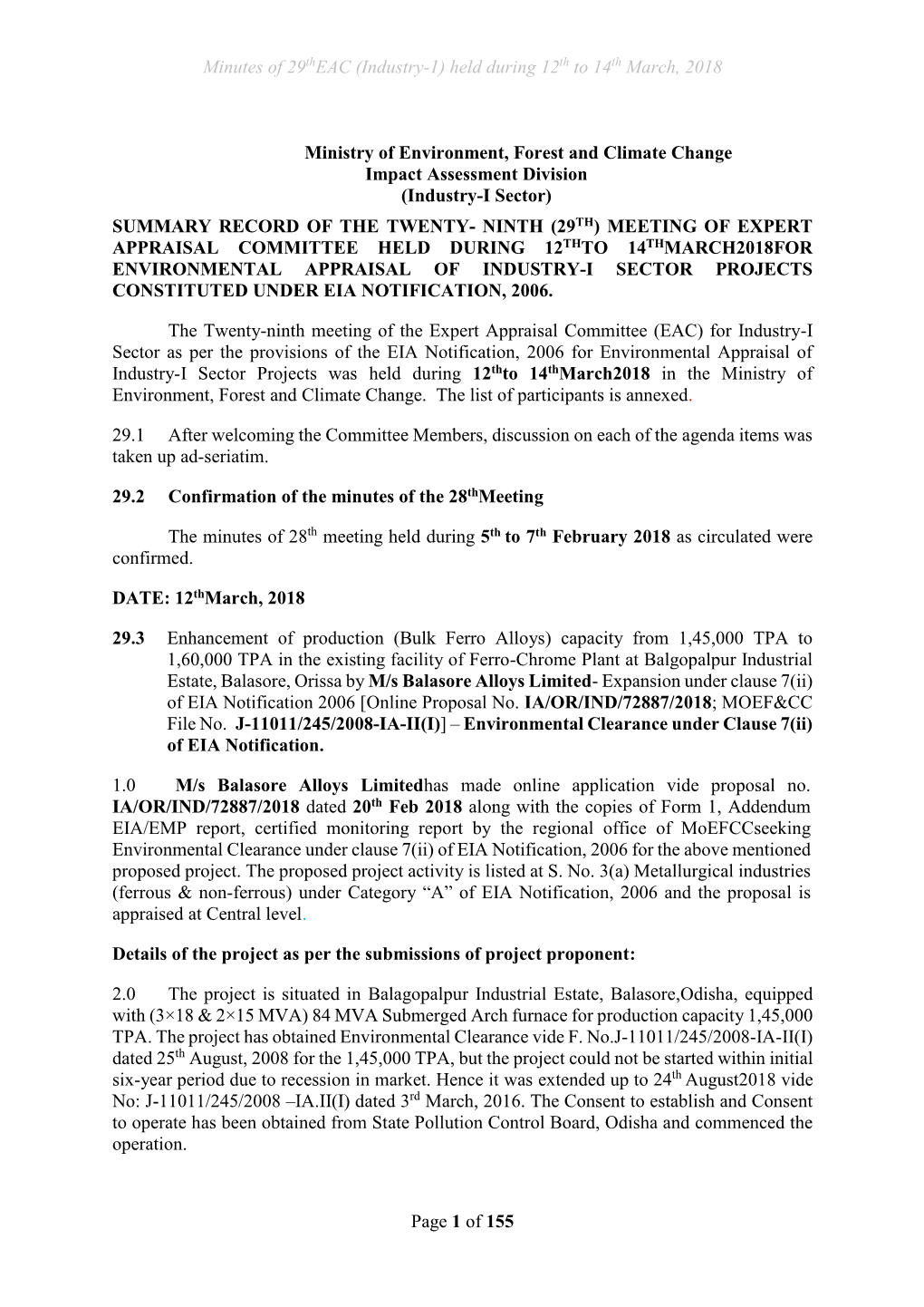 Minutes of 29Theac (Industry-1) Held During 12Th to 14Th March, 2018 Page 1 of 155 Ministry of Environment, Forest and Climate C