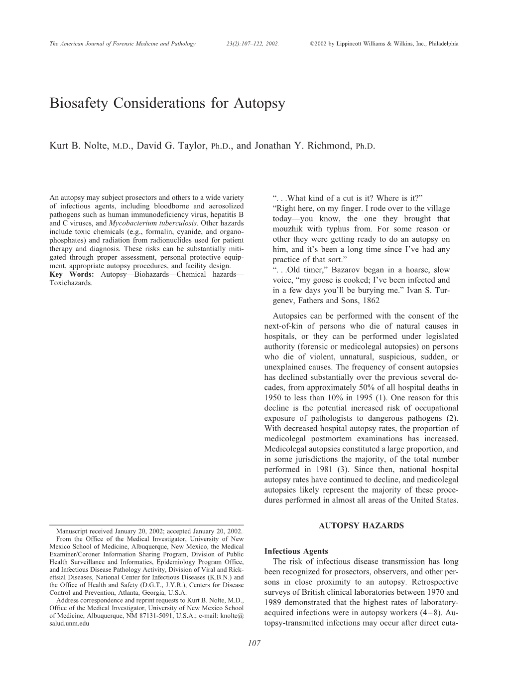 Biosafety Considerations for Autopsy