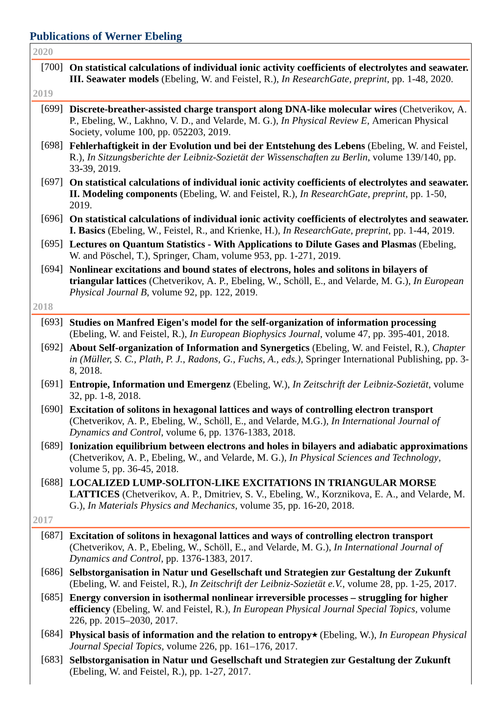 Publications of Werner Ebeling 2020 [700] on Statistical Calculations of Individual Ionic Activity Coefficients of Electrolytes and Seawater