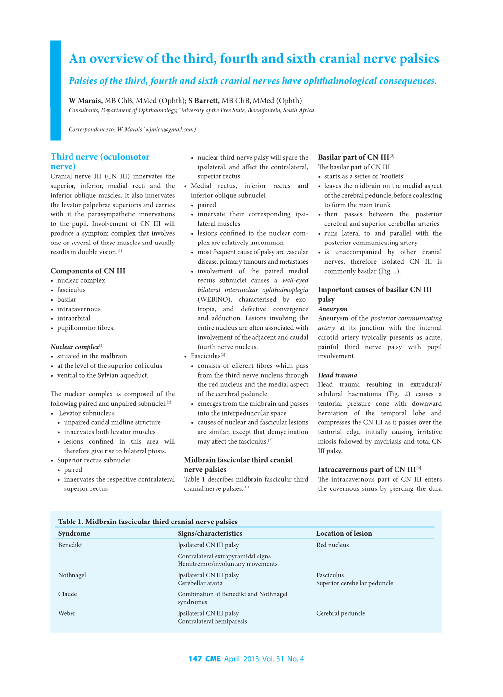 An Overview of the Third, Fourth and Sixth Cranial Nerve Palsies Palsies of the Third, Fourth and Sixth Cranial Nerves Have Ophthalmological Consequences