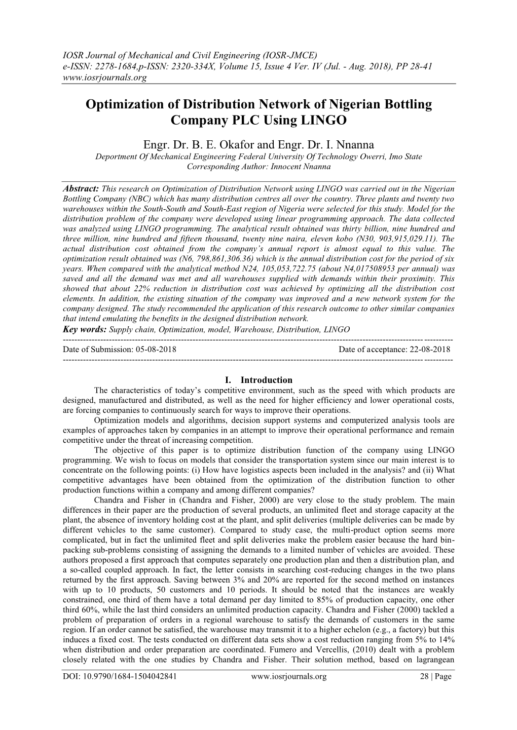 Optimization of Distribution Network of Nigerian Bottling Company PLC Using LINGO