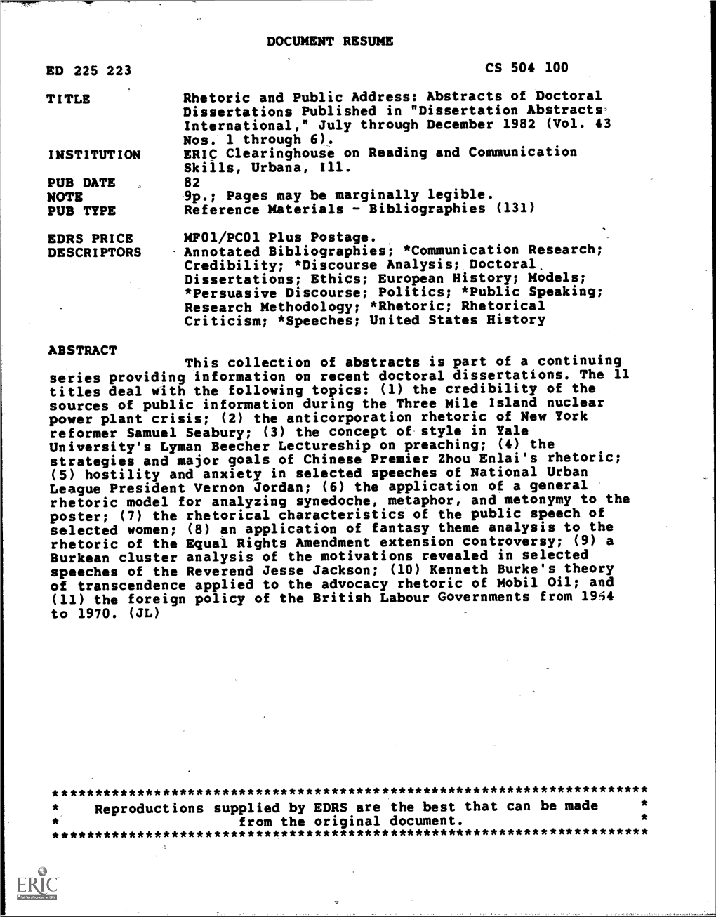 Rhetoric and Public Address: Abstracts of Doctoral Dissertations Published in "Dissertation Abstracts International," July Through December 1982 (Vol