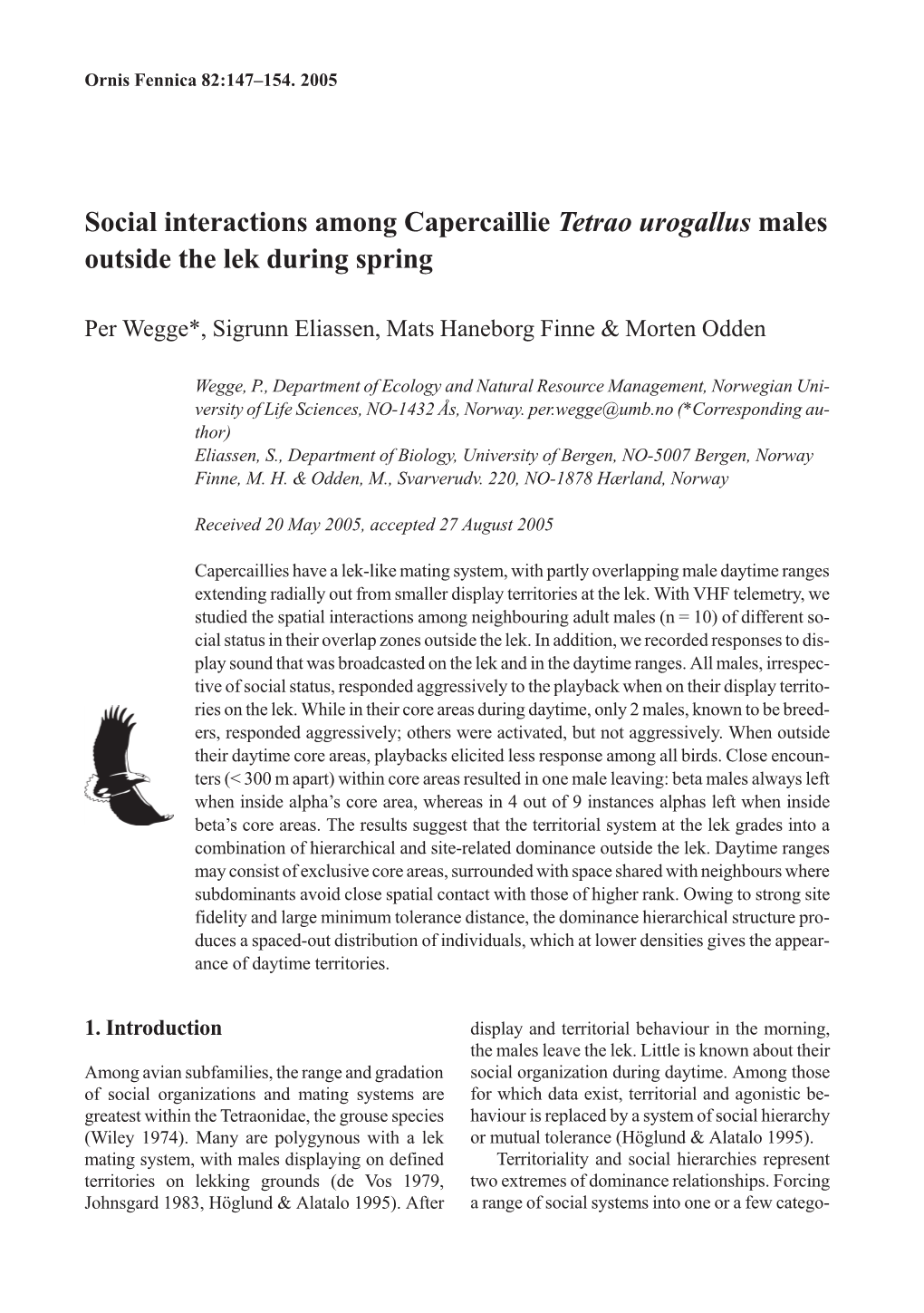 Social Interactions Among Capercaillie Tetrao Urogallus Males Outside the Lek During Spring