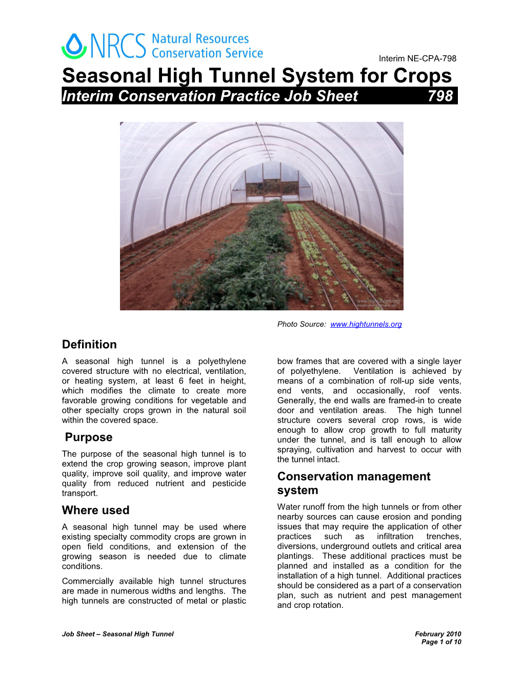 NE-CPA-798 Seasonal High Tunnel System for Crops Interim Constervation Practice (798) Job Sheet