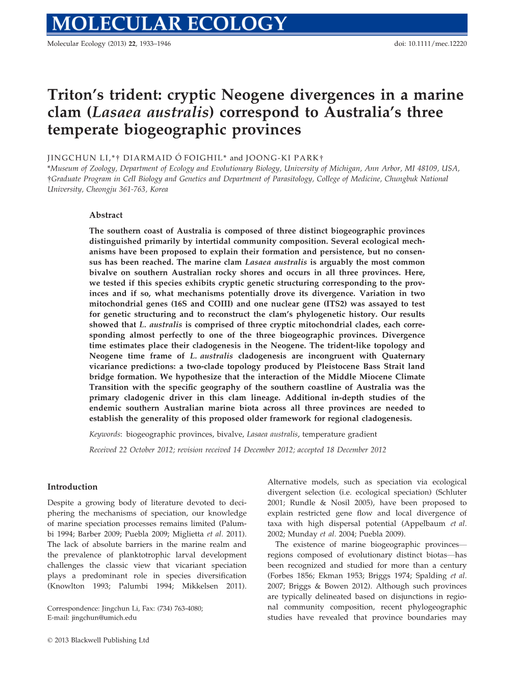 Lasaea Australis) Correspond to Australia’S Three Temperate Biogeographic Provinces