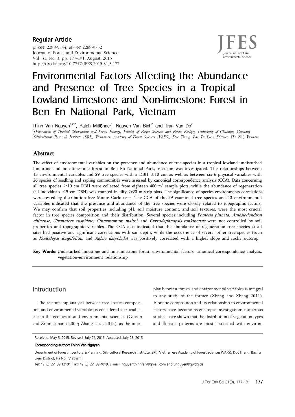 Environmental Factors Affecting the Abundance and Presence of Tree Species in a Tropical Lowland Limestone and Non-Limestone Forest in Ben En National Park, Vietnam