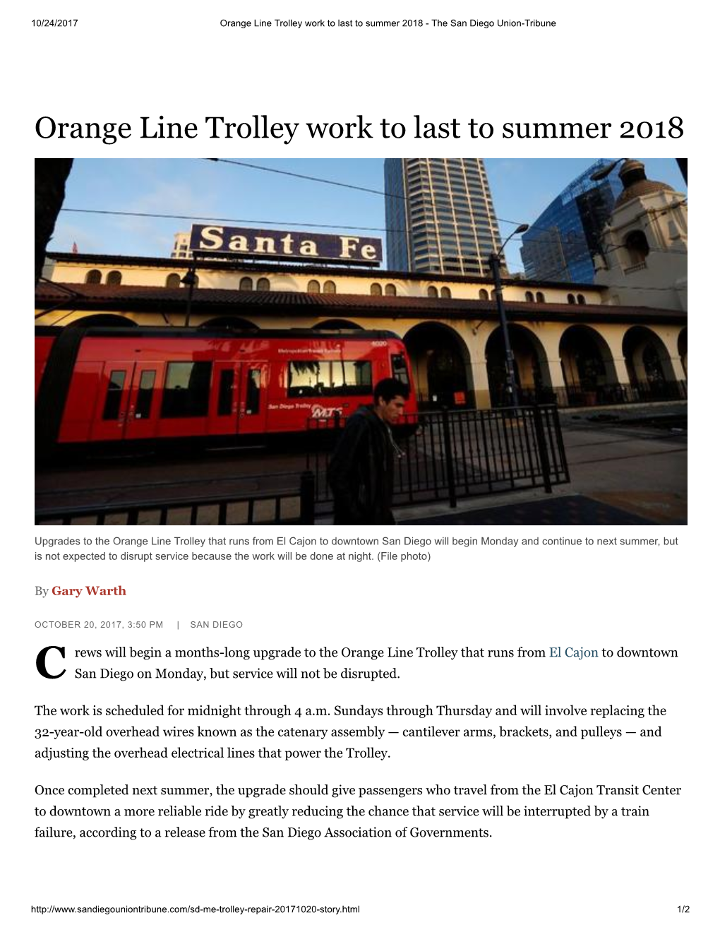 Orange Line Trolley Work to Last to Summer 2018 - the San Diego Union-Tribune