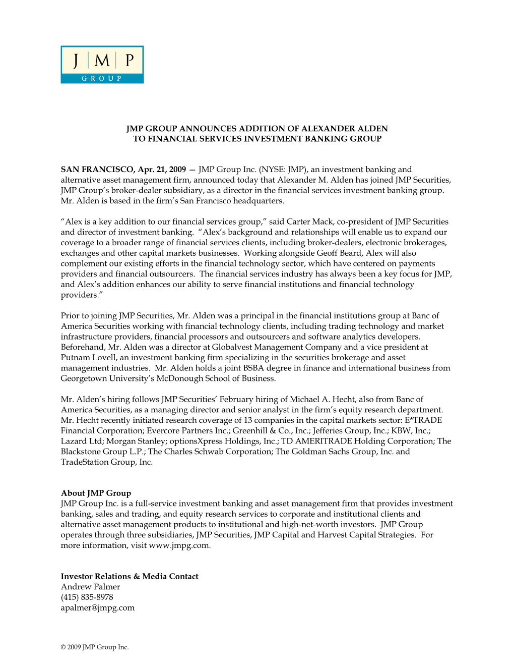 Jmp Group Announces Addition of Alexander Alden to Financial Services Investment Banking Group