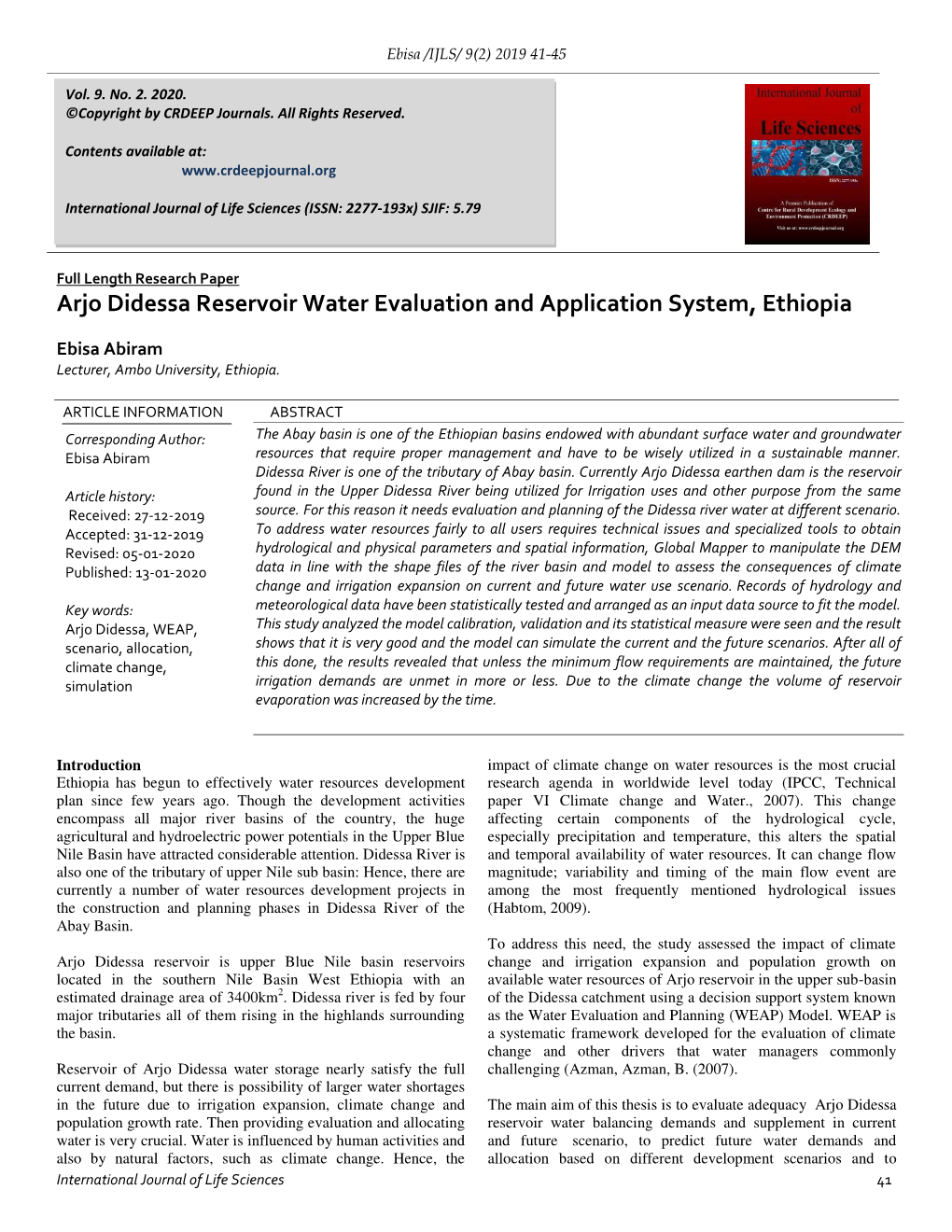 Arjo Didessa Reservoir Water Evaluation and Application System, Ethiopia