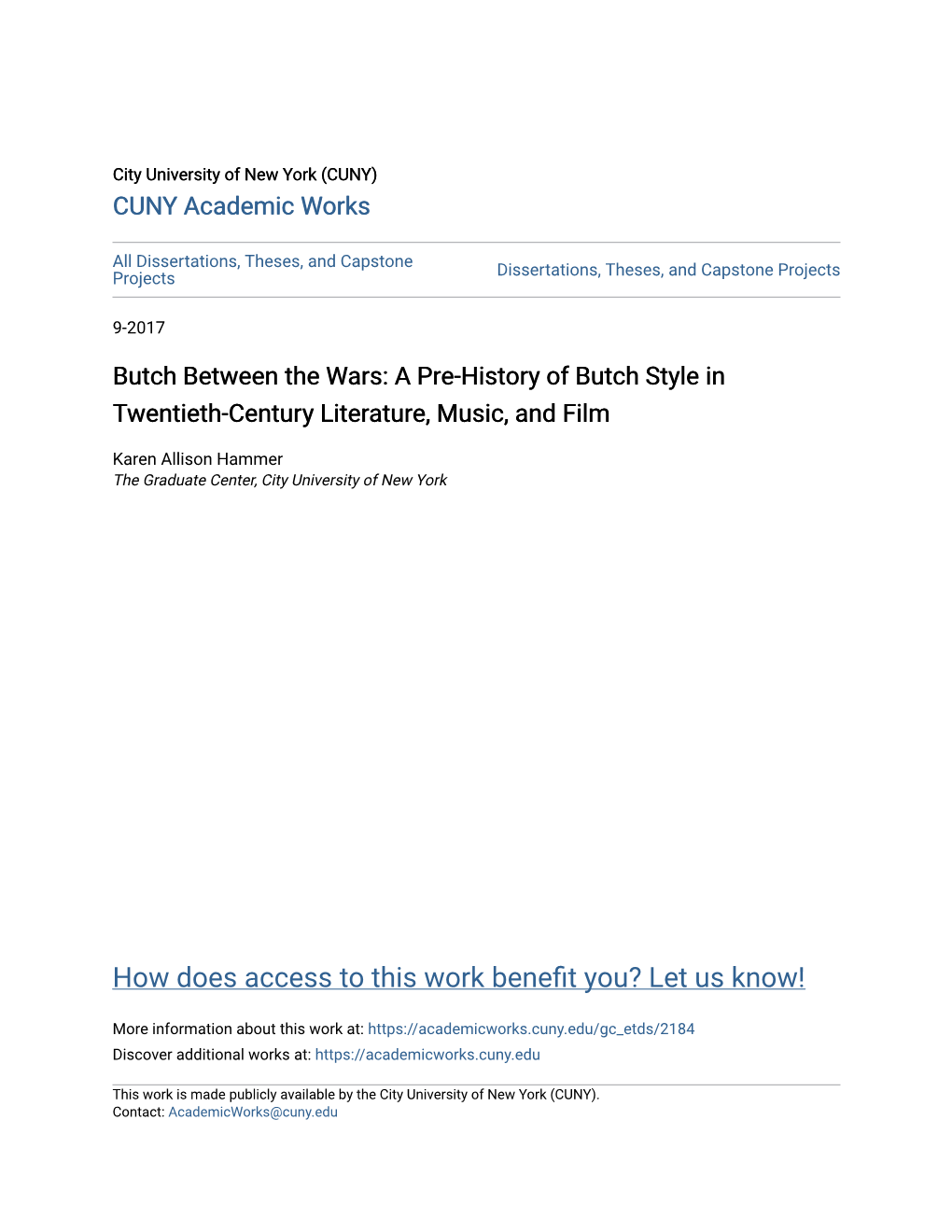 Butch Between the Wars: a Pre-History of Butch Style in Twentieth-Century Literature, Music, and Film