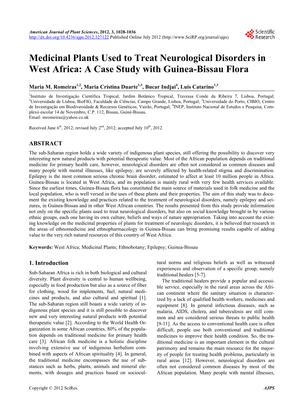 Medicinal Plants Used to Treat Neurological Disorders in West Africa: a Case Study with Guinea-Bissau Flora