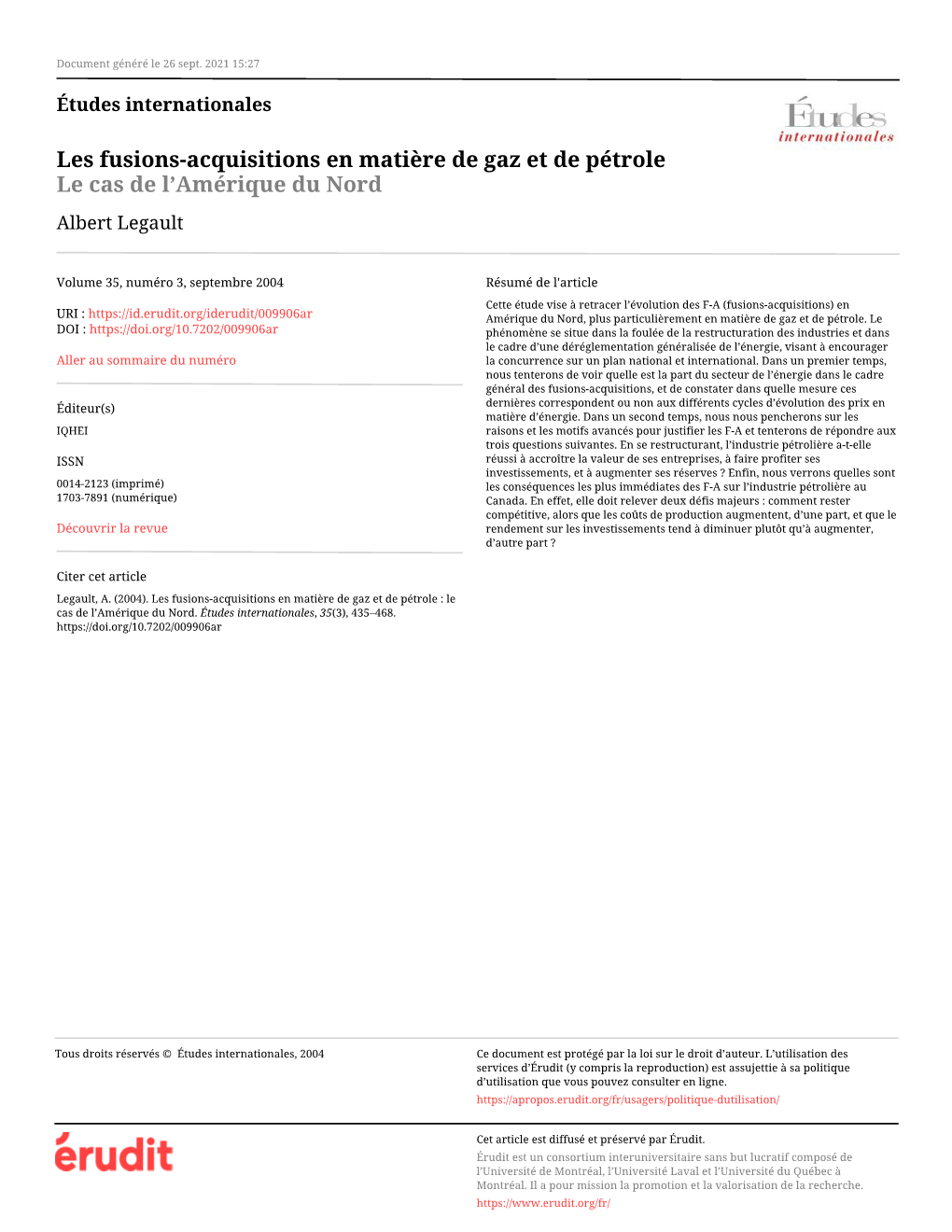 Les Fusions-Acquisitions En Matière De Gaz Et De Pétrole Le Cas De L’Amérique Du Nord Albert Legault