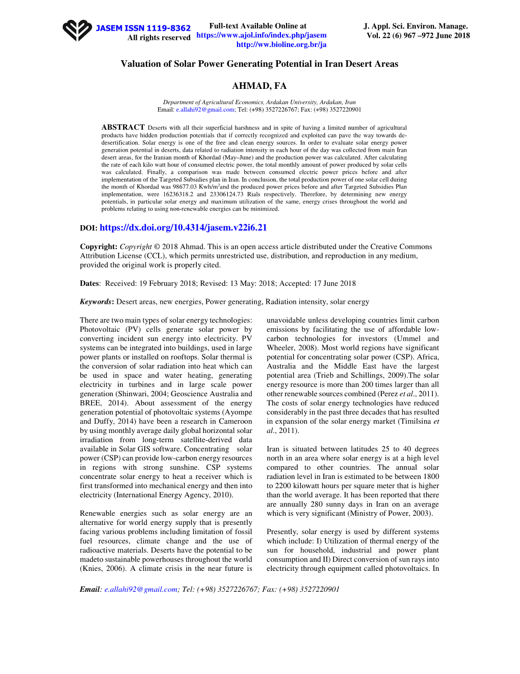 Valuation of Solar Power Generating Potential in Iran Desert Areas