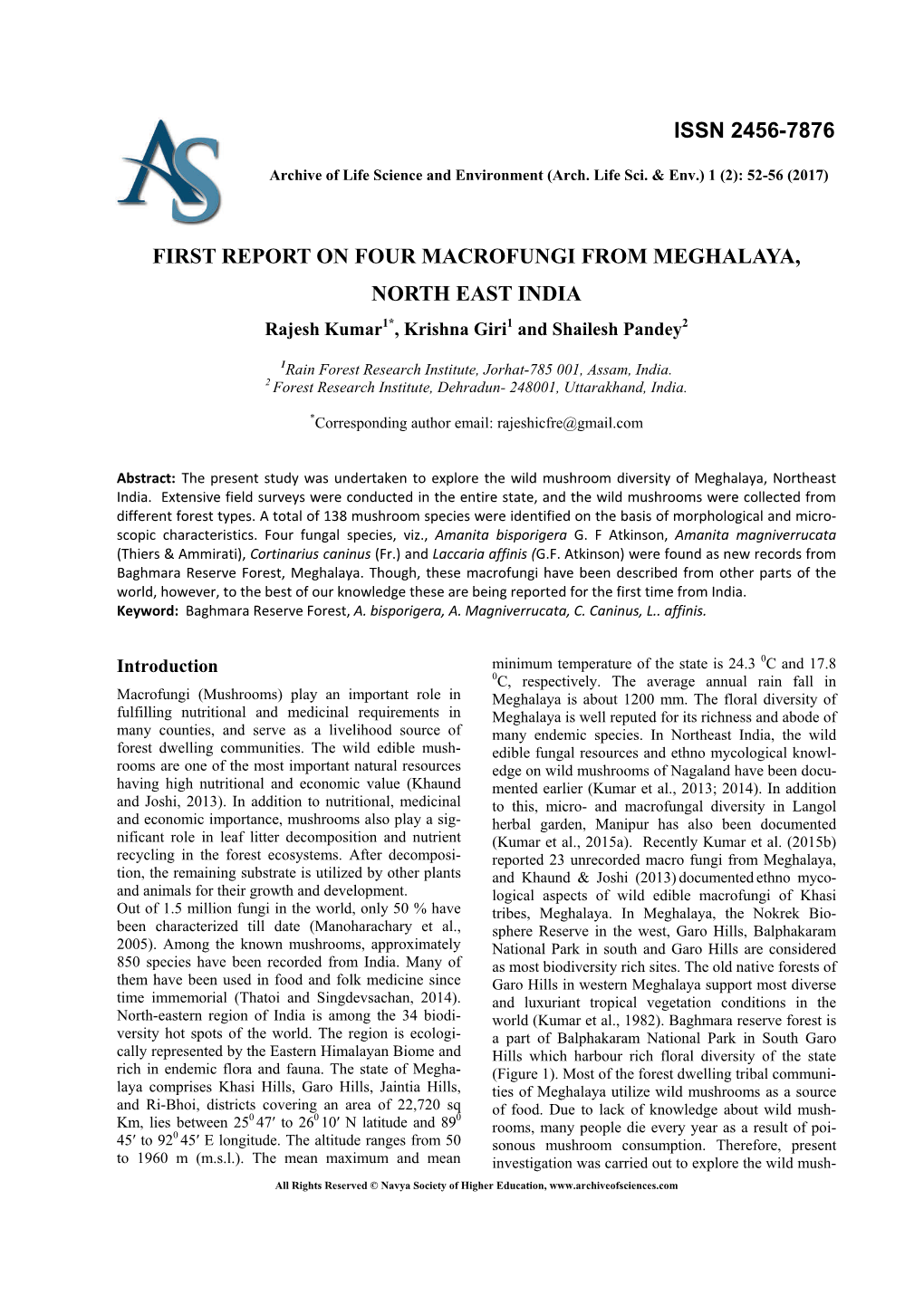 First Report on Four Macrofungi from Meghalaya, North East India Issn 2456-7876