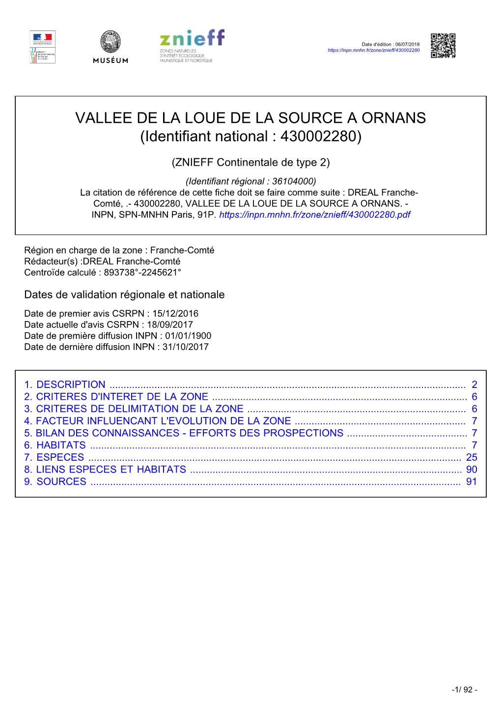 VALLEE DE LA LOUE DE LA SOURCE a ORNANS (Identifiant National : 430002280)