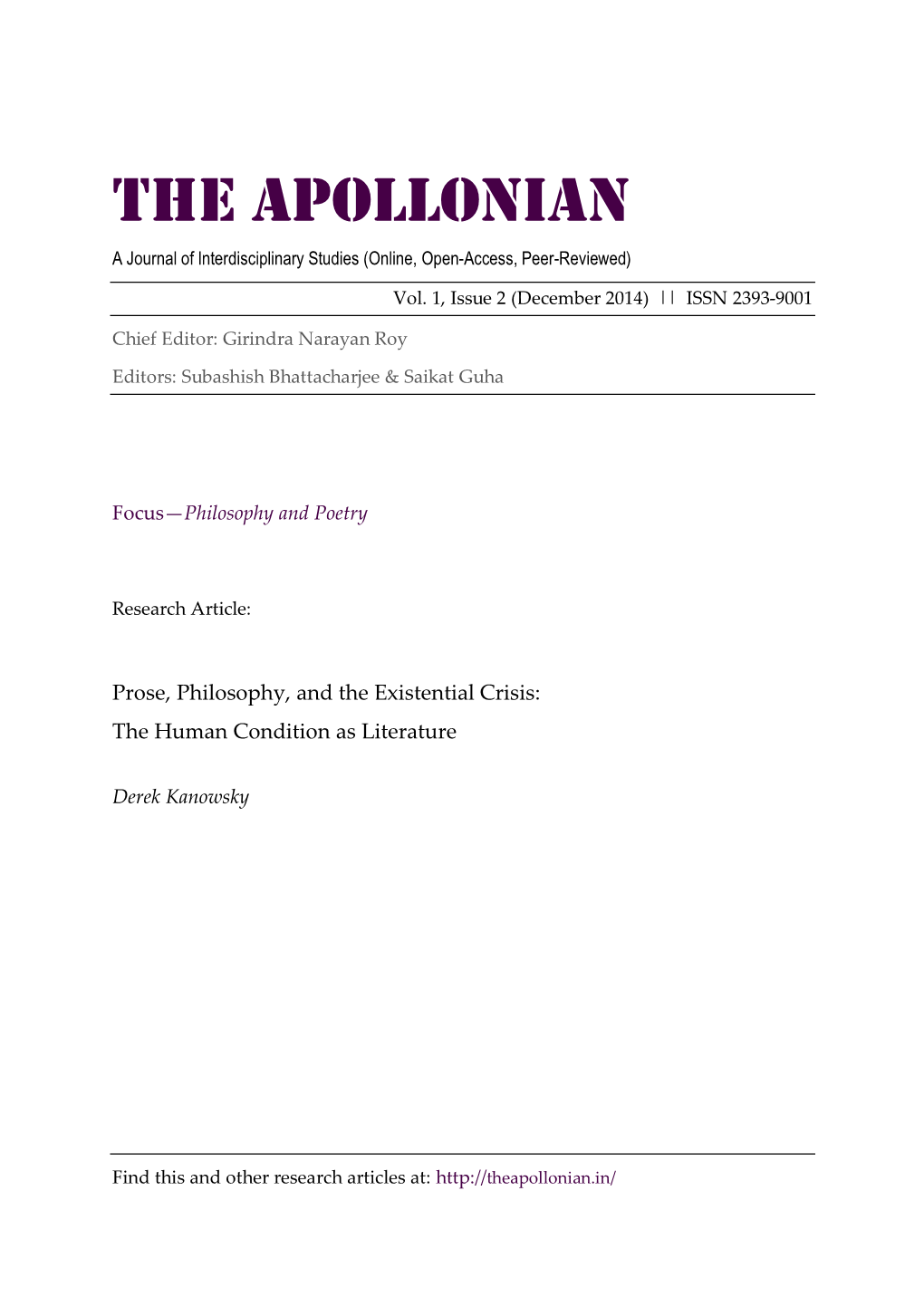 THE APOLLONIAN a Journal of Interdisciplinary Studies (Online, Open-Access, Peer-Reviewed)