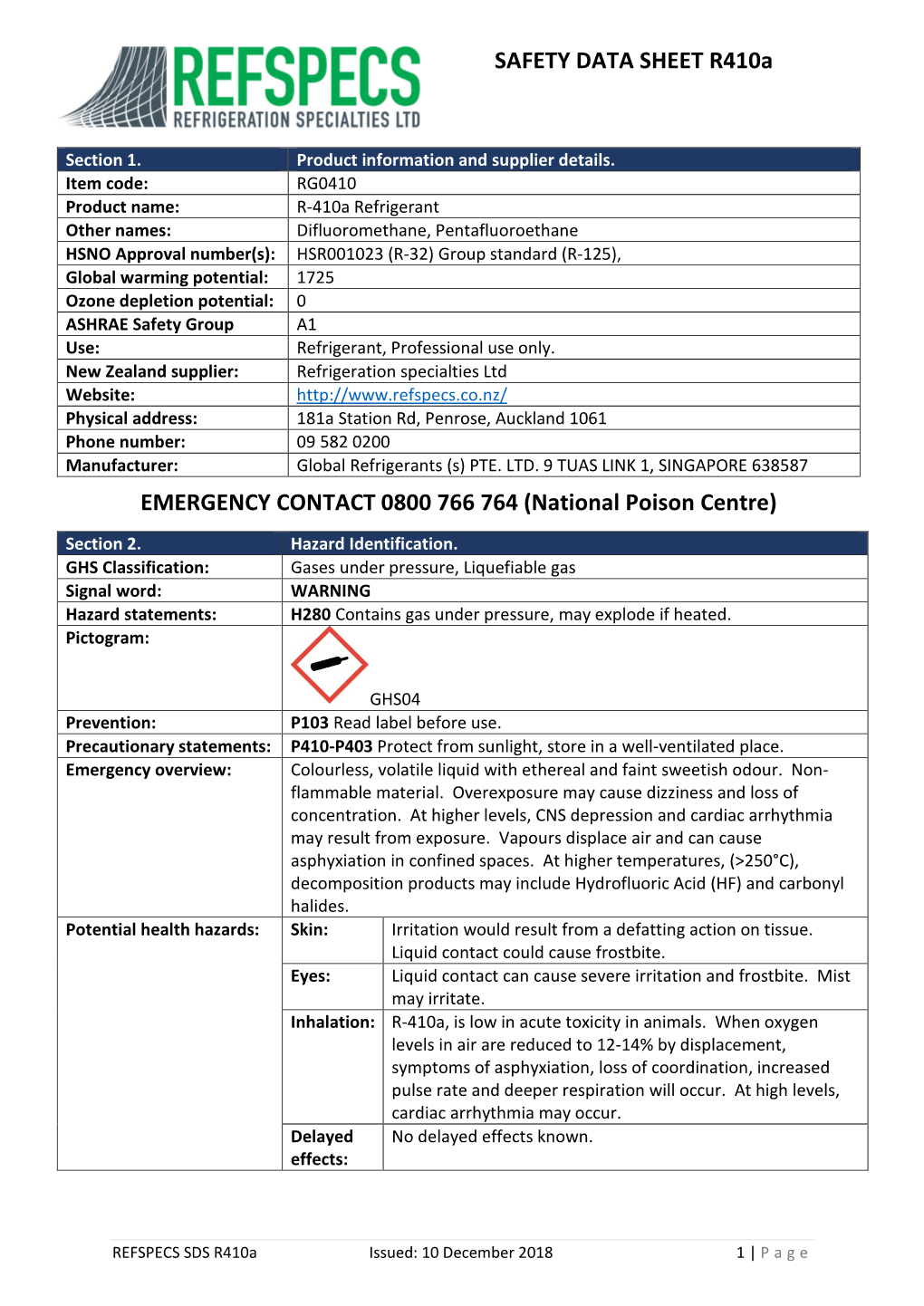 S SAFETY DATA SHEET R410a