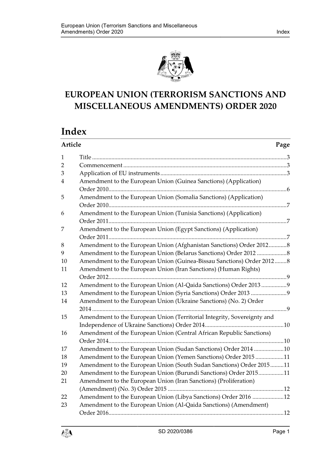 European Union (Terrorism Sanctions and Miscellaneous Amendments) Order 2020 Index