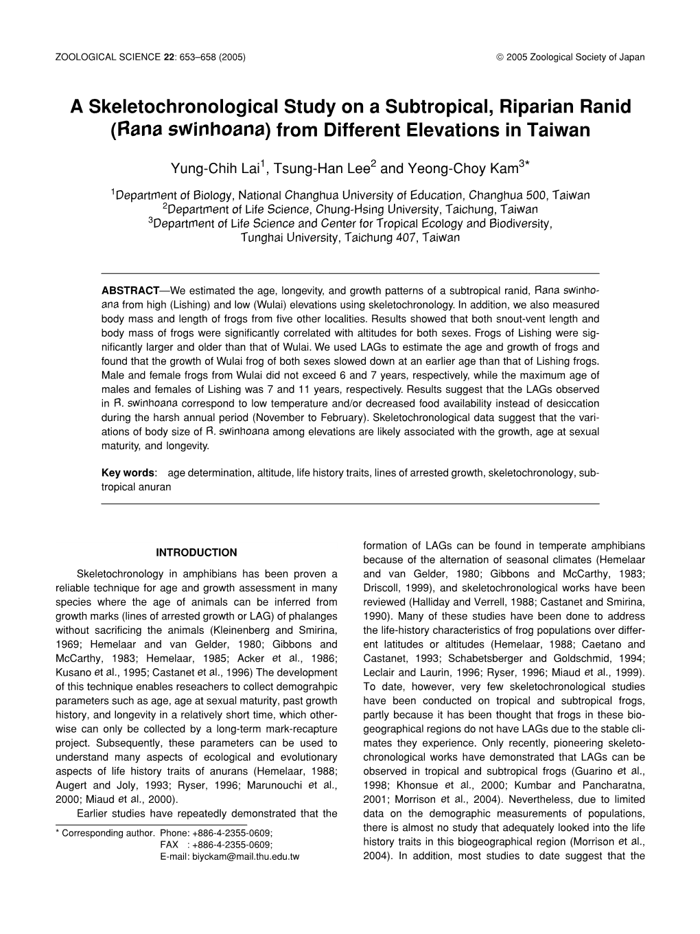 A Skeletochronological Study on a Subtropical, Riparian Ranid (Rana Swinhoana) from Different Elevations in Taiwan