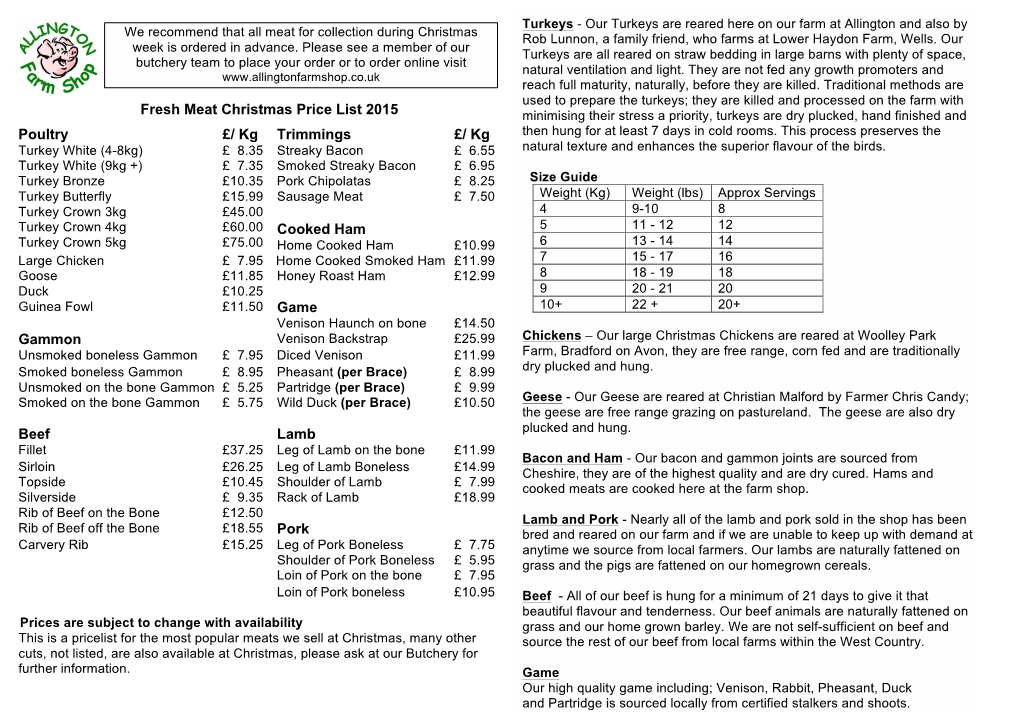 Fresh Meat Christmas Price List 2015 Fresh Meat Christmas Price List 2015 Poultry £/ Kg Trimmings £/ Kg Poultry £/ Kg Trimmin