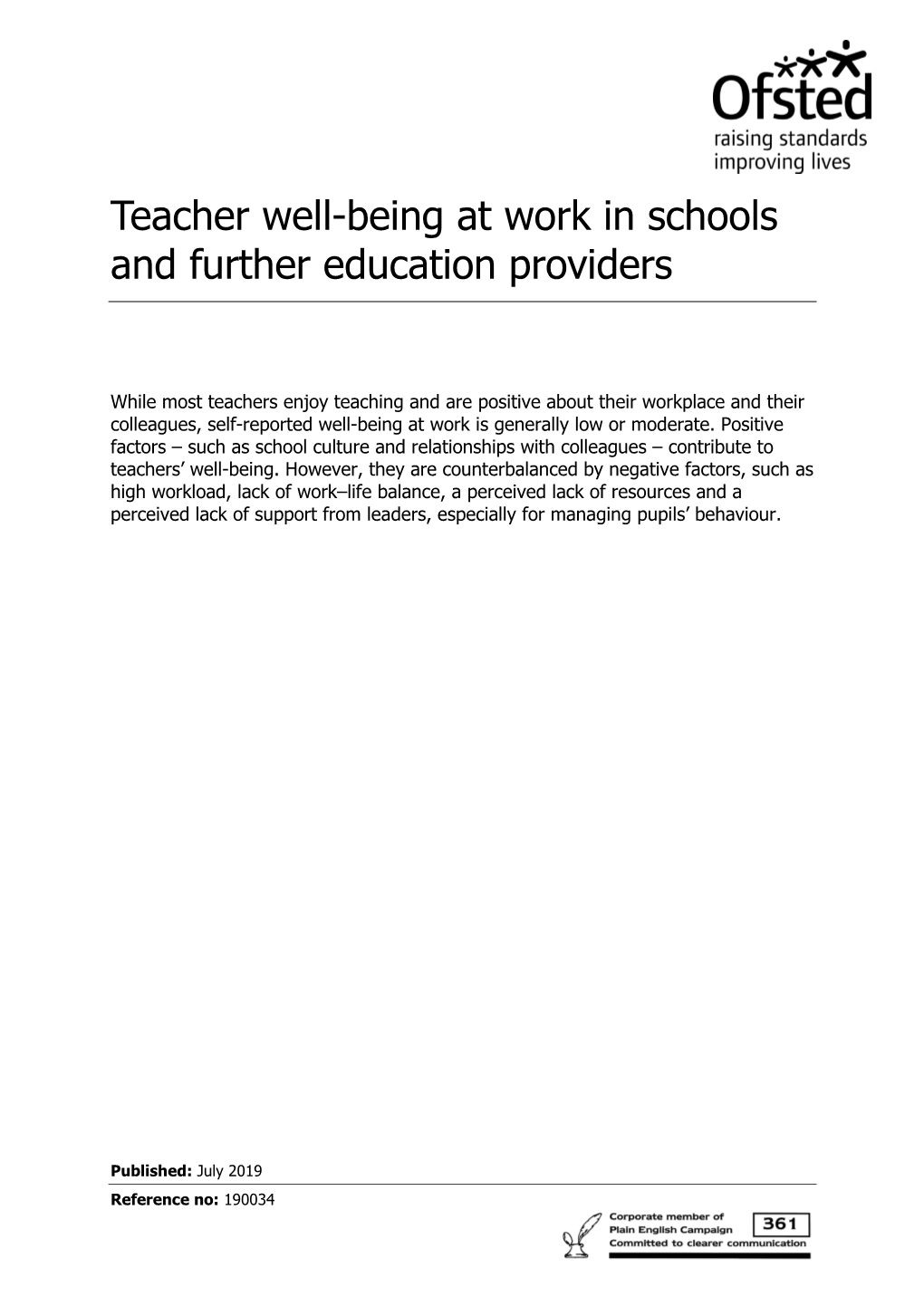 Teacher Well-Being at Work in Schools and Further Education Providers